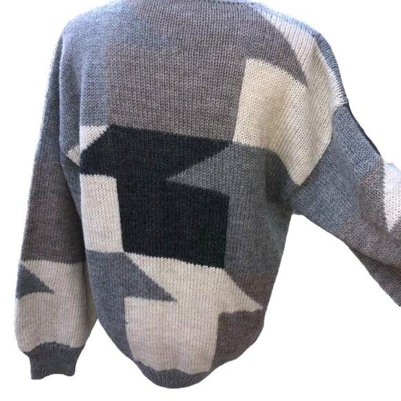 Vintage Wool Cardigan Womens Chunky Wooden Buttons Gray White Crew Neck Abstract - Picture 2 of 14